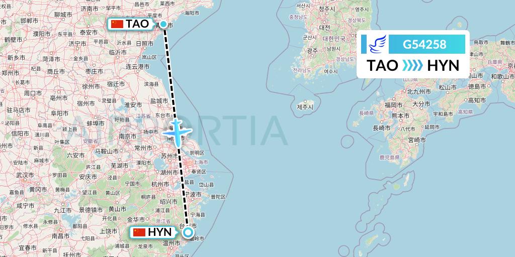 G54258 China Express Airlines Flight Map: Qingdao to Huangyan