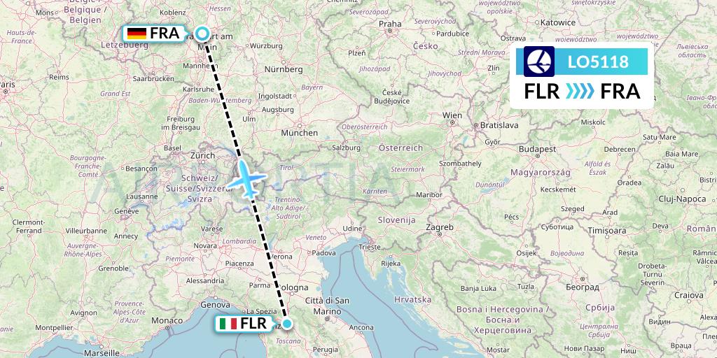 LO5118 LOT Flight Map: Florence to Frankfurt