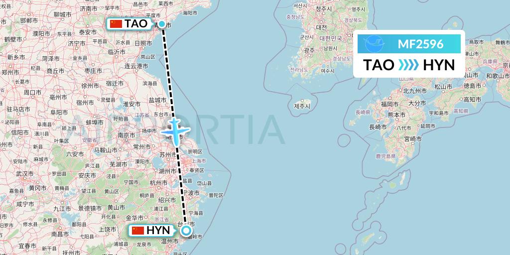 MF2596 Xiamen Airlines Flight Map: Qingdao to Huangyan