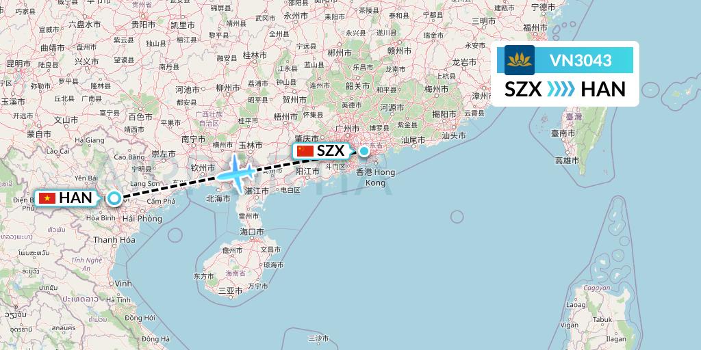 VN3043 Vietnam Airlines Flight Map: Shenzhen to Hanoi