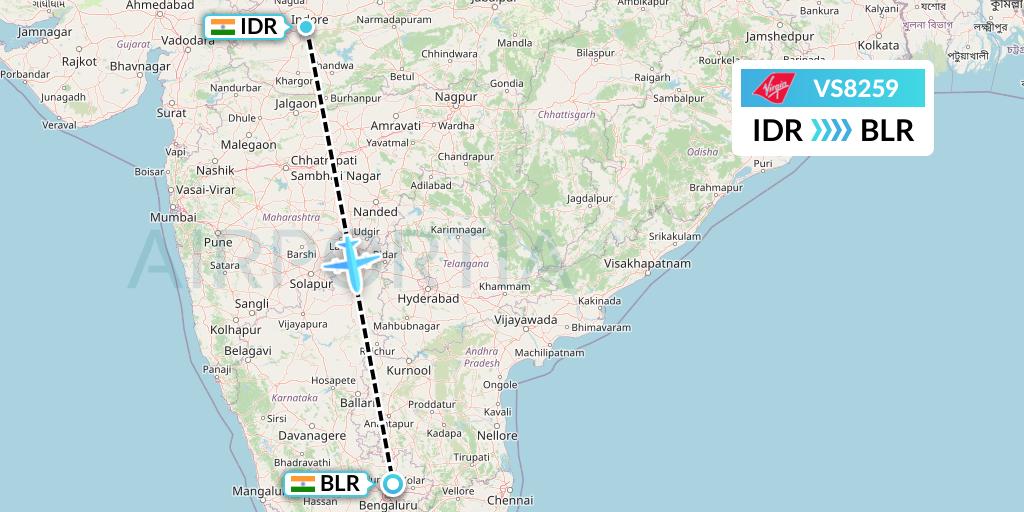 VS8259 Virgin Atlantic Airways Flight Map: Indore to Bangalore