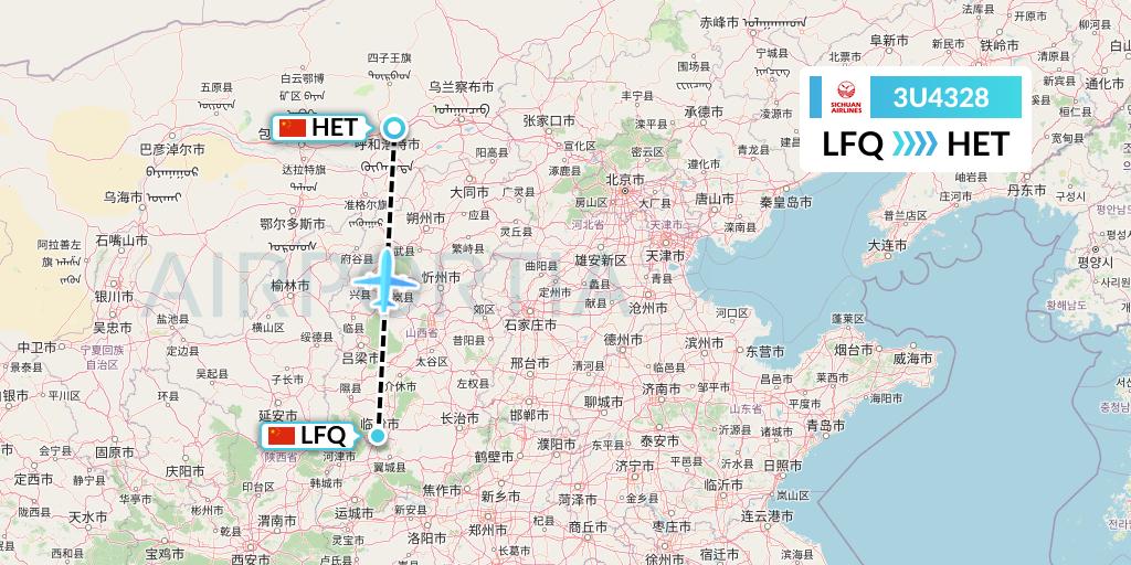3U4328 Sichuan Airlines Flight Map: Yulin to Hohhot