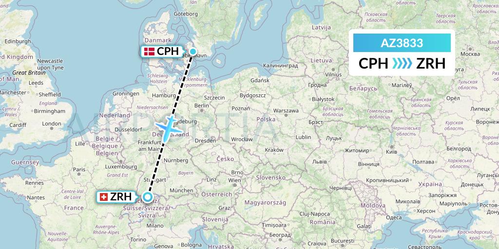 AZ3833 ITA Airways Flight Map: Copenhagen to Zurich