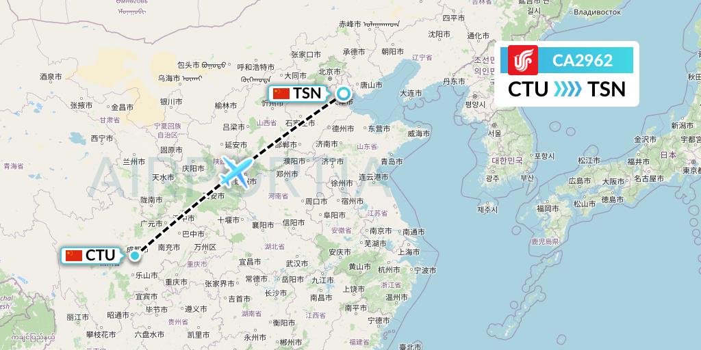 CA2962 Air China Flight Map: Chengdu to Tianjin