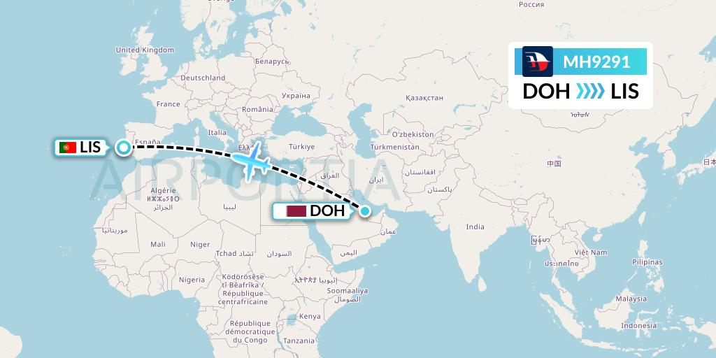 MH9291 Malaysia Airlines Flight Map: Doha to Lisbon
