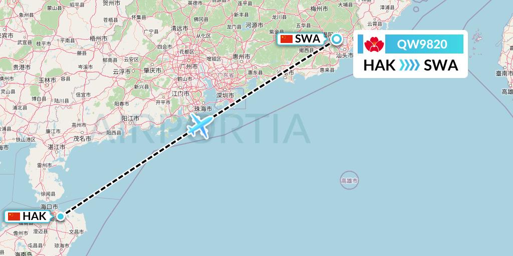 QW9820 Qingdao Airlines Flight Map: Haikou to Jieyang
