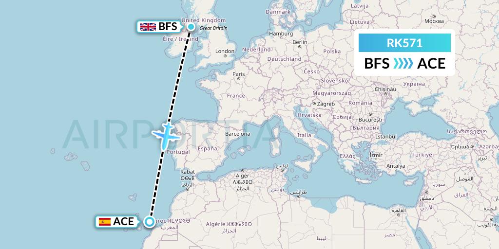 RK571 Ryanair UK Flight Map: Belfast to Lanzarote