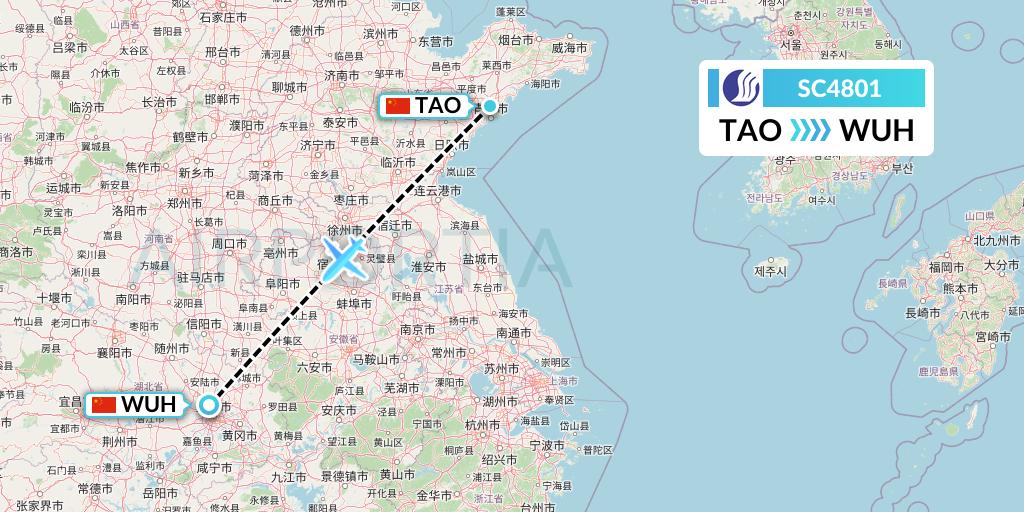 SC4801 Shandong Airlines Flight Map: Qingdao to Wuhan