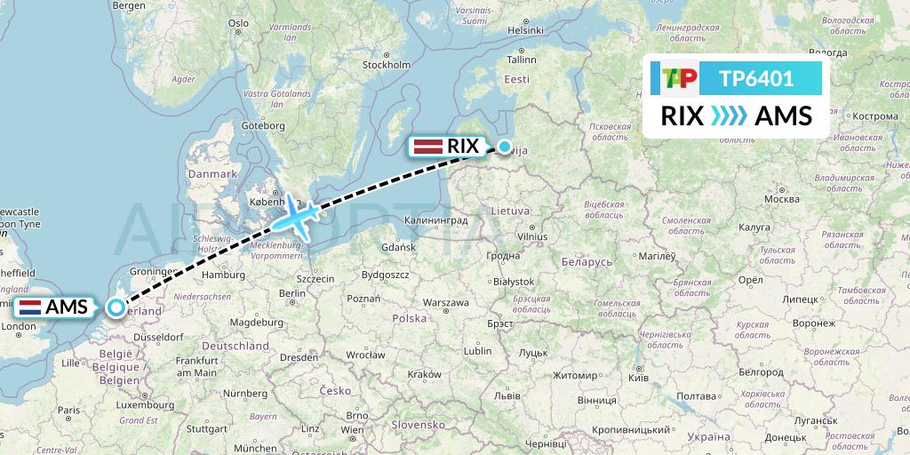 TP6401 TAP Portugal Flight Map: Riga to Amsterdam