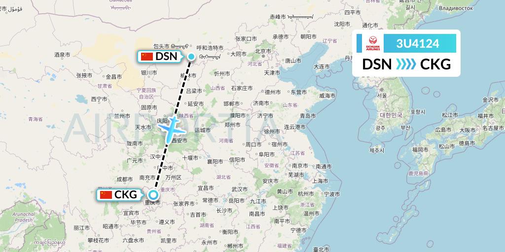 3U4124 Sichuan Airlines Flight Map: Dongsheng to Chongqing