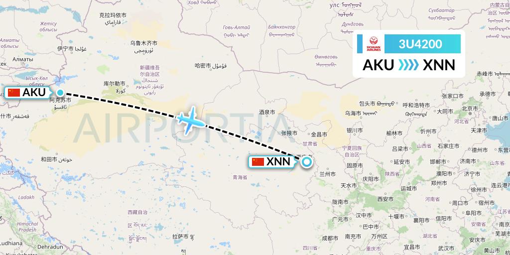3U4200 Sichuan Airlines Flight Map: Aksu to Xining