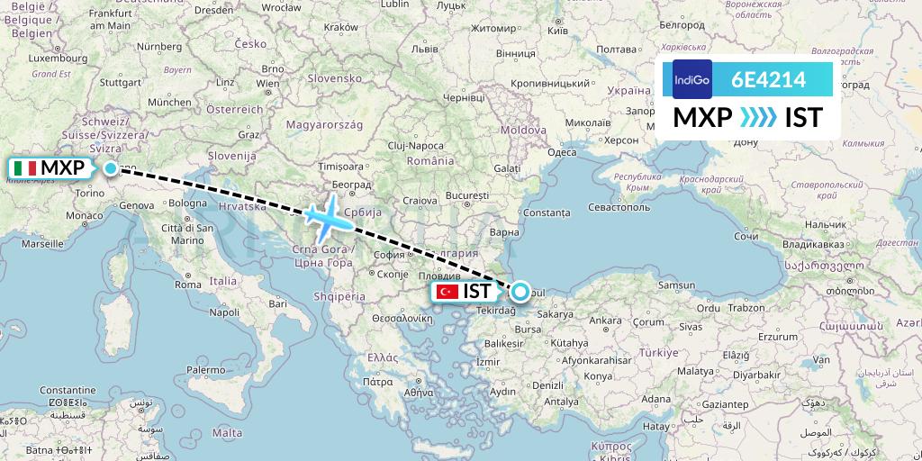 6E4214 IndiGo Airlines Flight Map: Milan to Istanbul