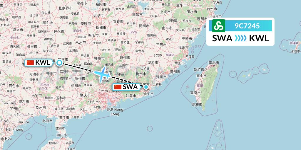 9C7245 Spring Airlines Flight Map: Jieyang to Guilin