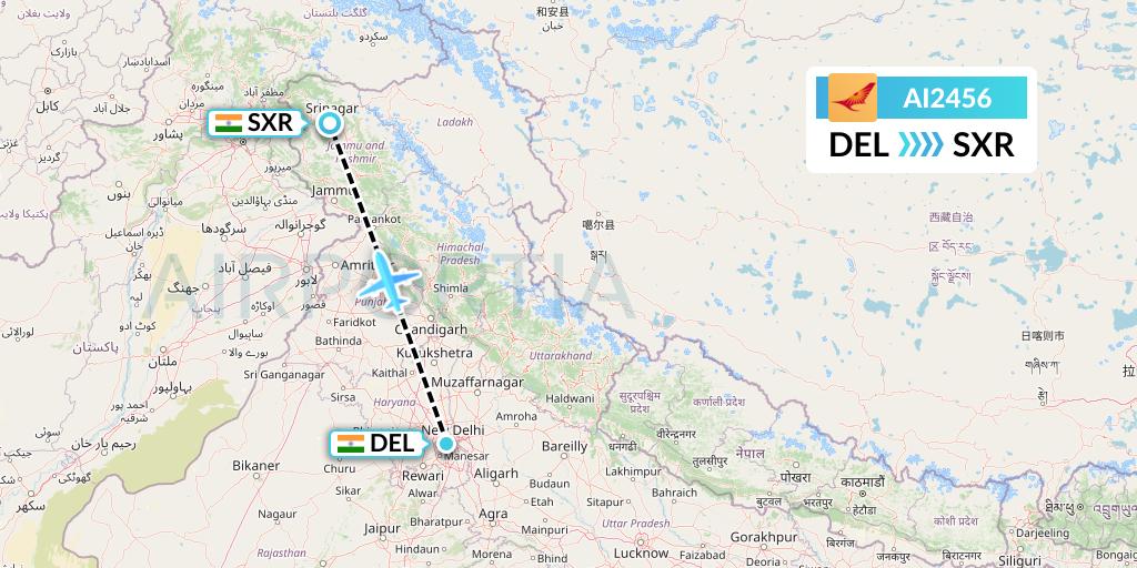 AI2456 Air India Flight Map: Delhi to Srinagar