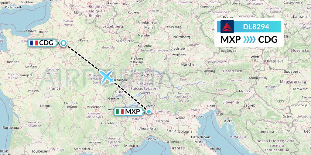 DL8294 Delta Air Lines Flight Map: Milan to Paris