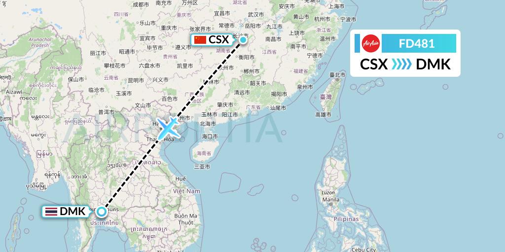 FD481 Thai AirAsia Flight Map: Changsha to Bangkok