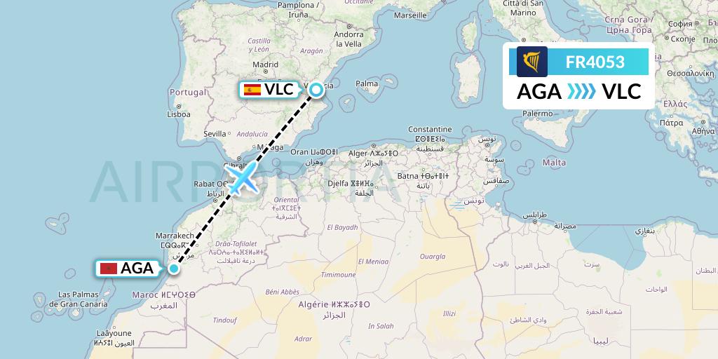 FR4053 Ryanair Flight Map: Agadir to Valencia