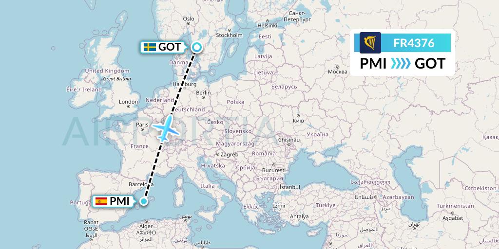 FR4376 Ryanair Flight Map: Palma de Mallorca to Gothenburg