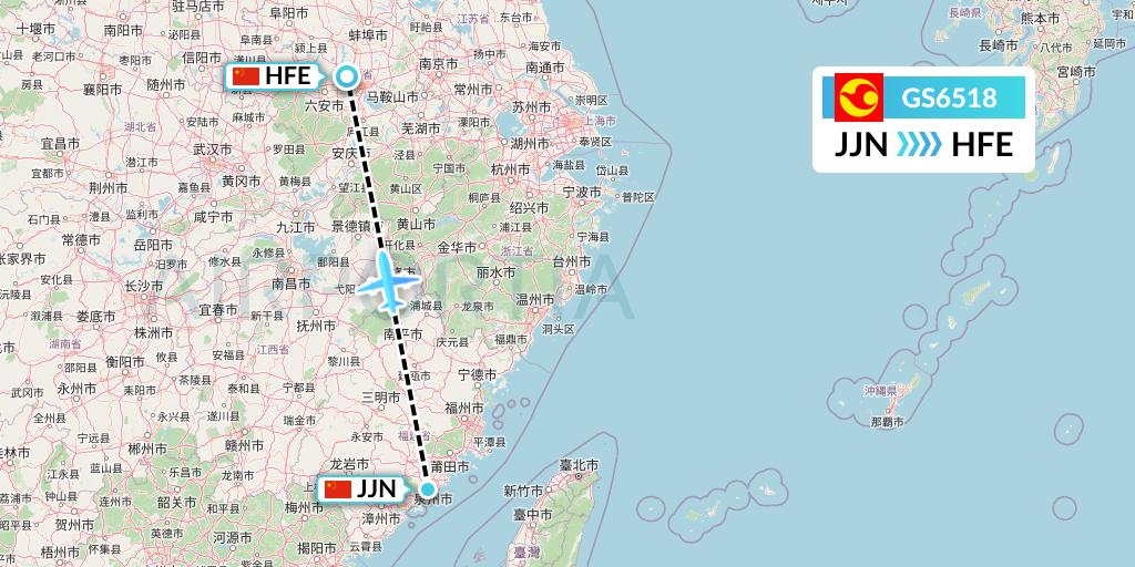 GS6518 Tianjin Airlines Flight Map: Jinjiang to Hefei