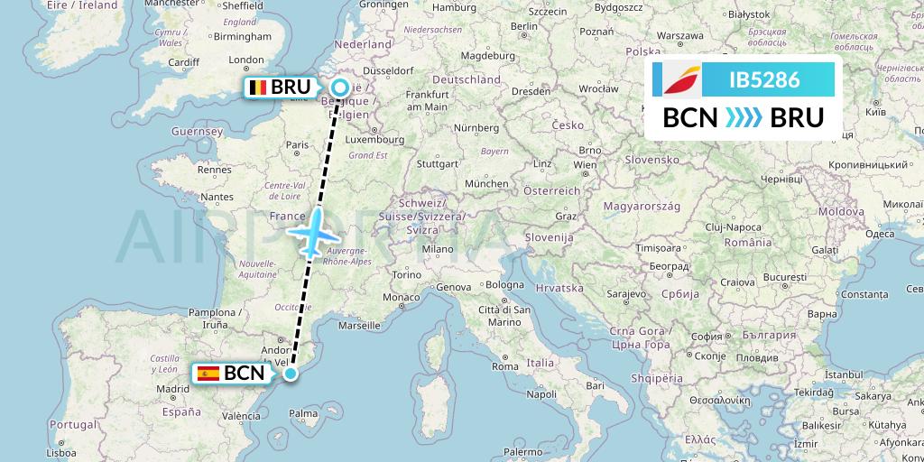 IB5286 Iberia Flight Map: Barcelona to Brussels