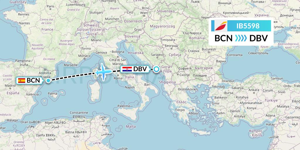 IB5598 Iberia Flight Map: Barcelona to Dubrovnik