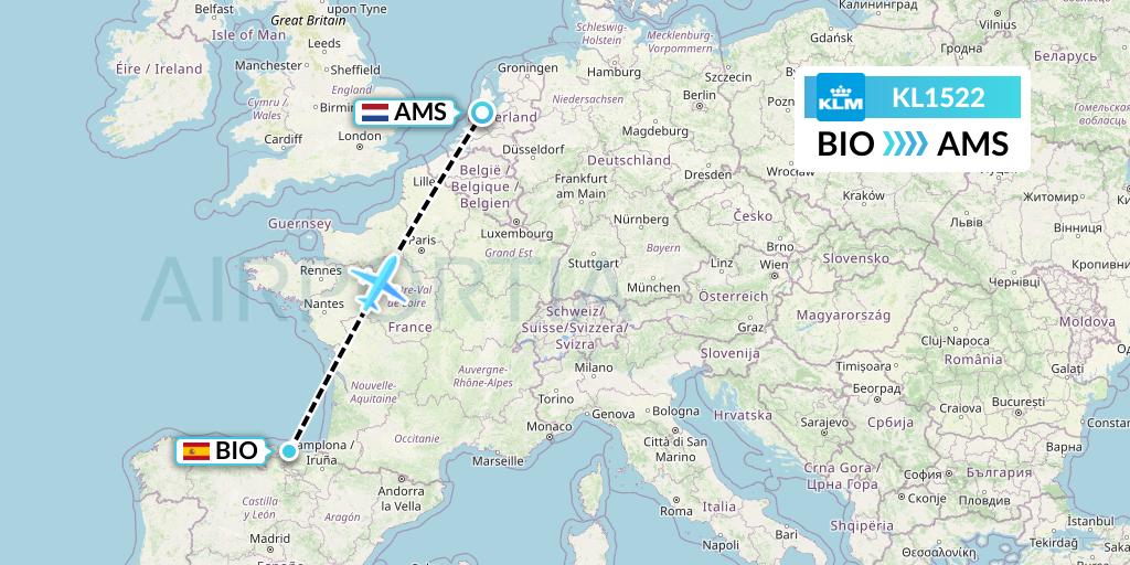 KL1522 KLM Flight Map: Bilbao to Amsterdam