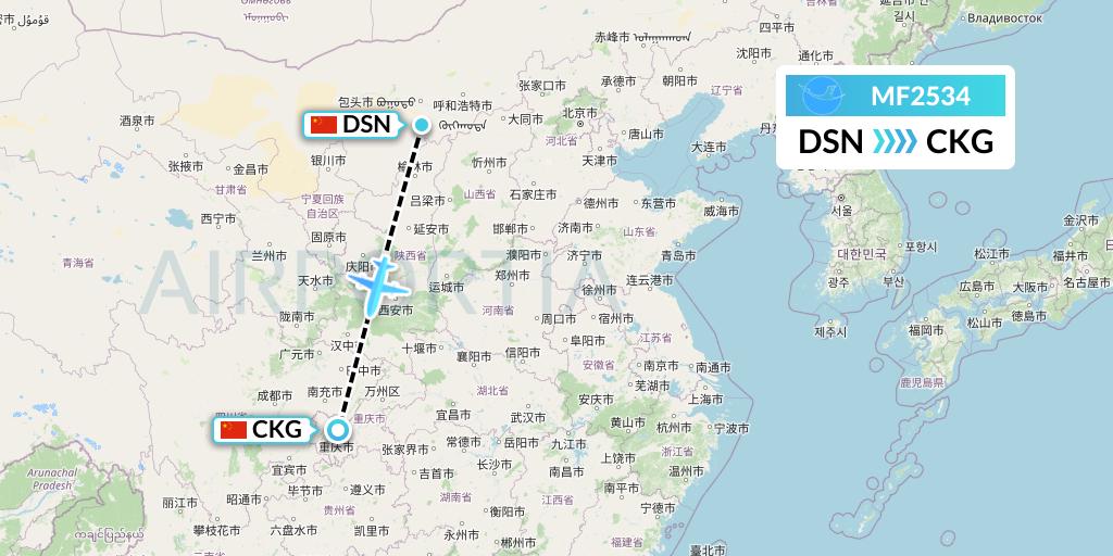 MF2534 Xiamen Airlines Flight Map: Dongsheng to Chongqing