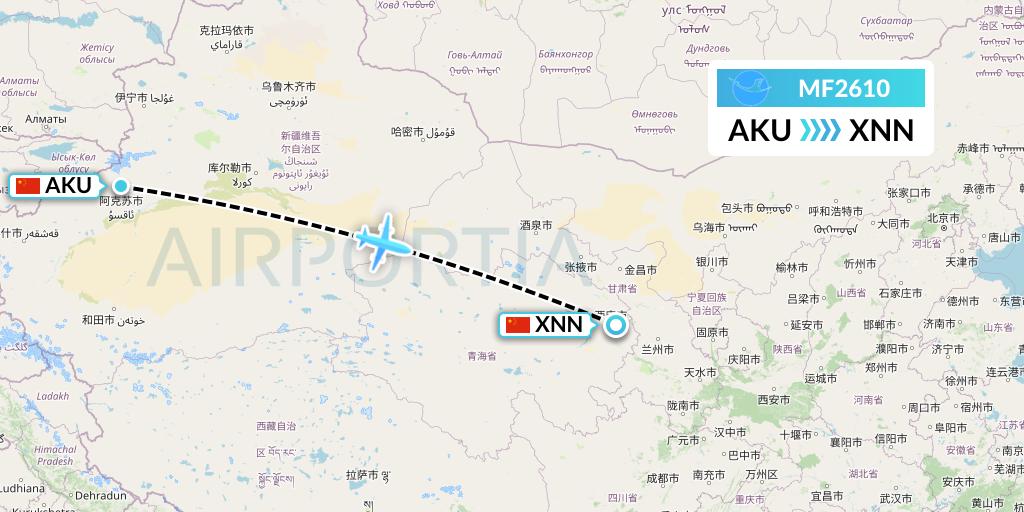 MF2610 Xiamen Airlines Flight Map: Aksu to Xining