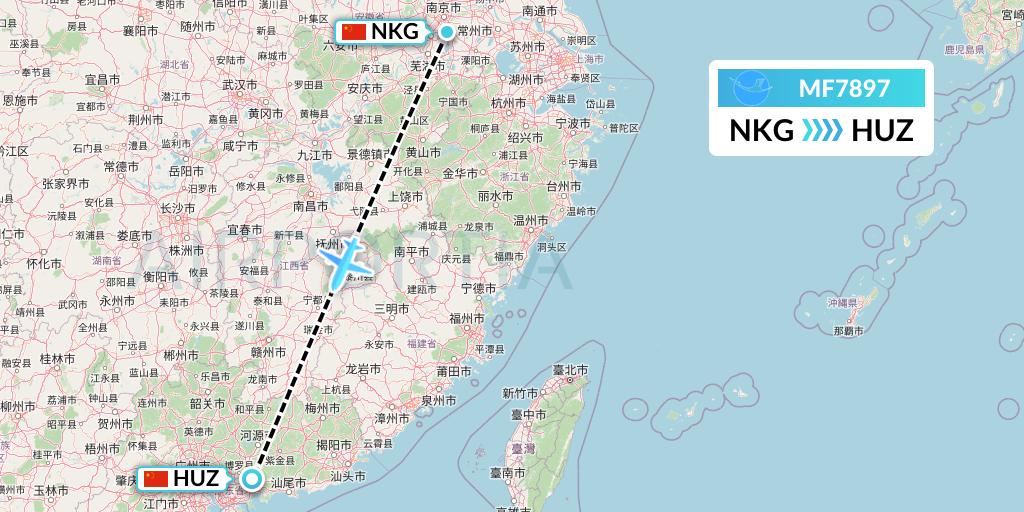 MF7897 Xiamen Airlines Flight Map: Nanjing to Huizhou