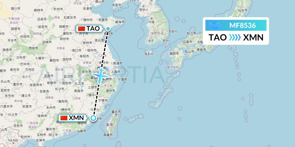 MF8536 Xiamen Airlines Flight Map: Qingdao to Xiamen