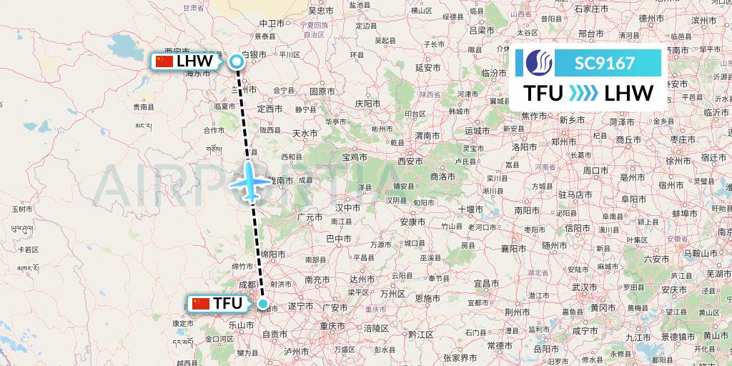 SC9167 Shandong Airlines Flight Map: Chengdu to Lanzhou