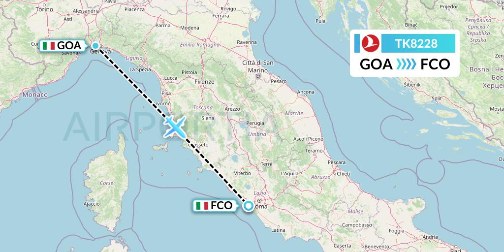 TK8228 Turkish Airlines Flight Map: Genoa to Rome