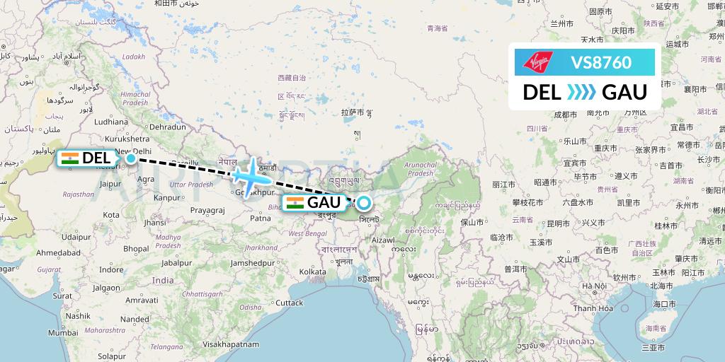 VS8760 Virgin Atlantic Airways Flight Map: Delhi to Guwahati