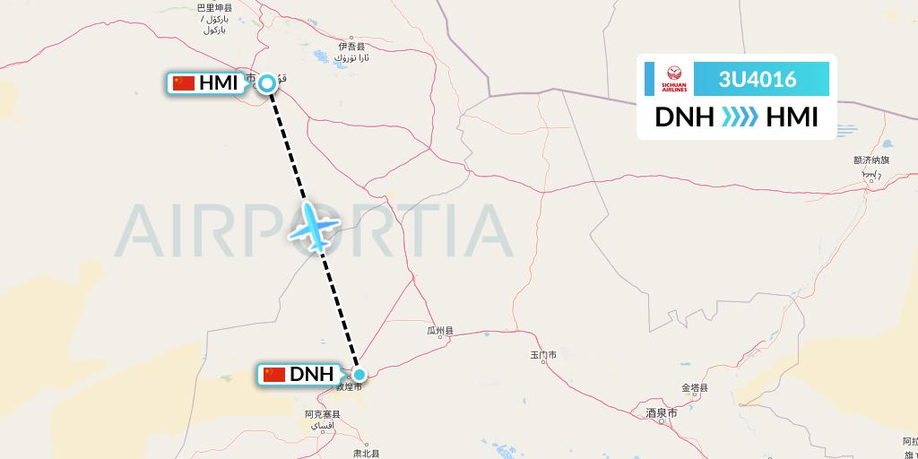 3U4016 Sichuan Airlines Flight Map: Dunhuang to Hami City
