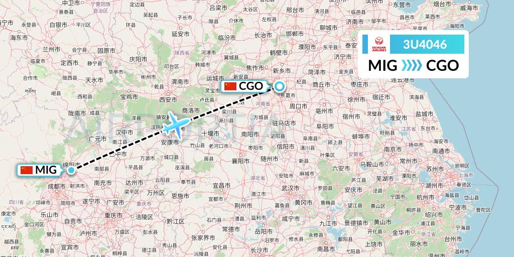 3U4046 Sichuan Airlines Flight Map: Mianyang to Zhengzhou