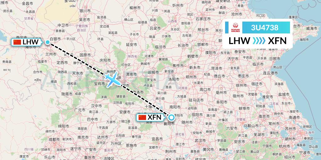3U4738 Sichuan Airlines Flight Map: Lanzhou to Xiangyang