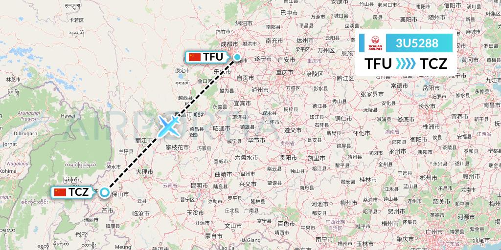 3U5288 Sichuan Airlines Flight Map: Chengdu to Tengchong