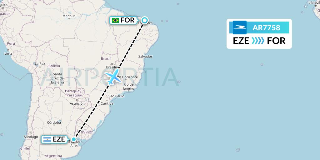 AR7758 Aerolineas Argentinas Flight Map: Buenos Aires to Fortaleza