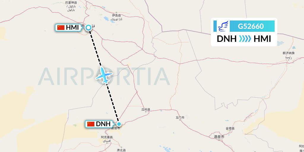G52660 China Express Airlines Flight Map: Dunhuang to Hami City