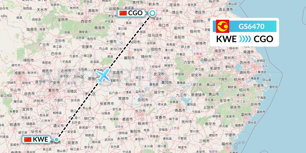 GS6470 Tianjin Airlines Flight Map: Guiyang to Zhengzhou