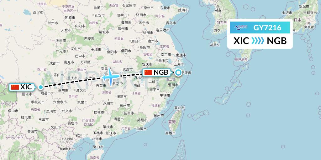 GY7216 Colorful GuiZhou Airlines Flight Map: Xichang to Ningbo