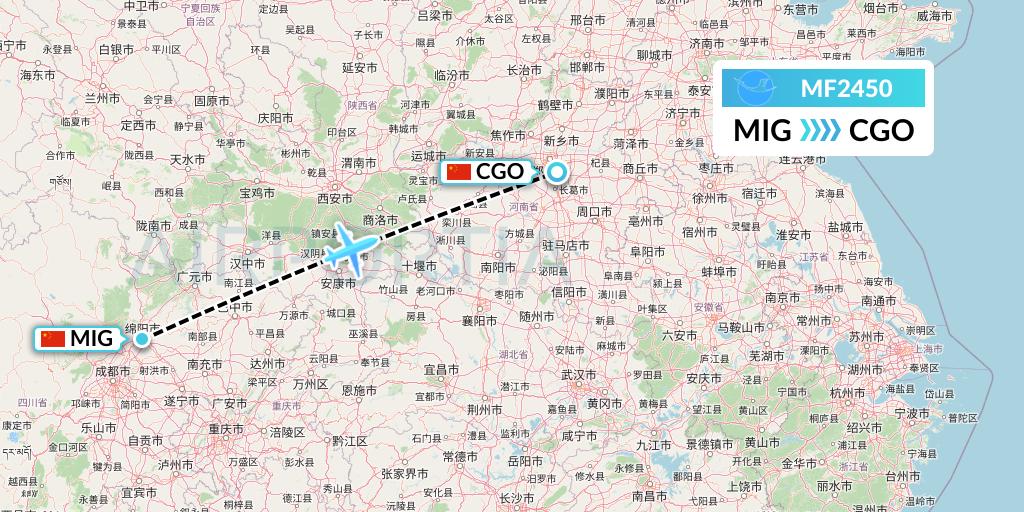 MF2450 Xiamen Airlines Flight Map: Mianyang to Zhengzhou