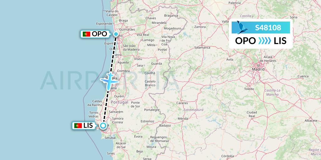 S48108 Azores Airlines Flight Map: Porto to Lisbon