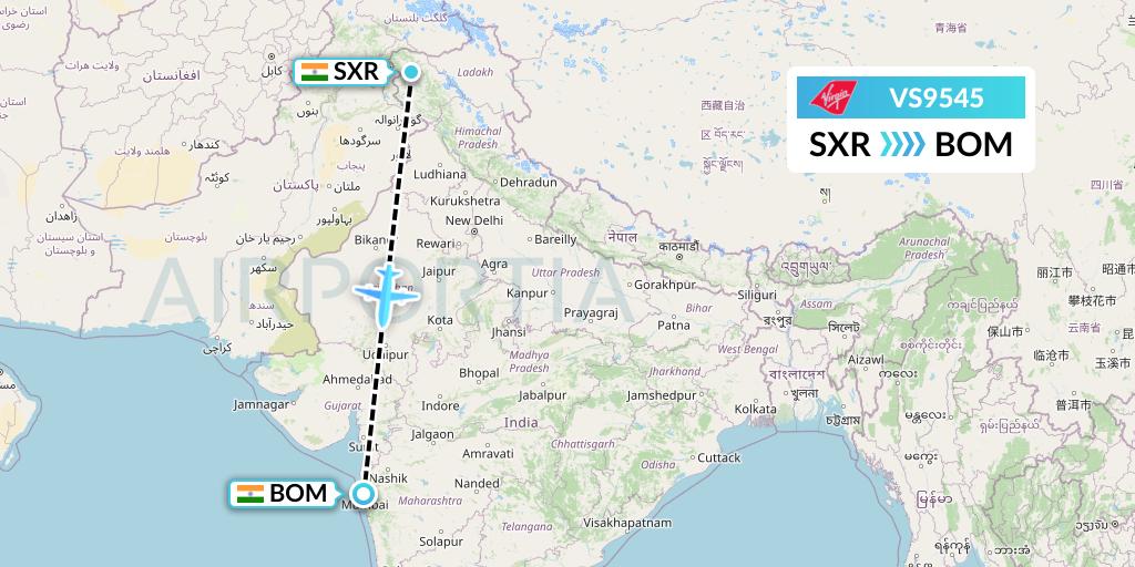 VS9545 Virgin Atlantic Airways Flight Map: Srinagar to Mumbai