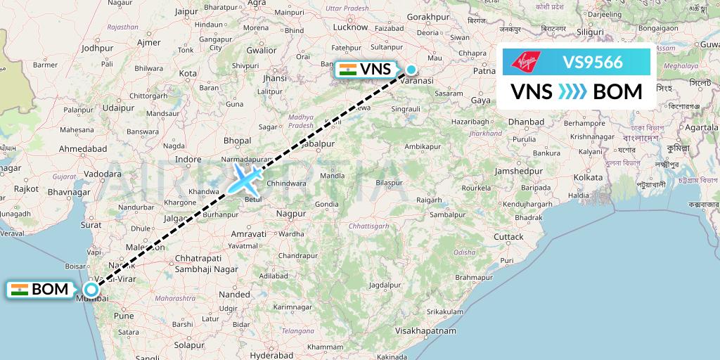 VS9566 Virgin Atlantic Airways Flight Map: Varanasi to Mumbai