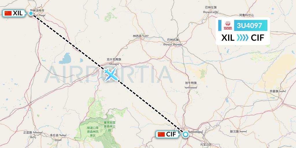 3U4097 Sichuan Airlines Flight Map: Xilinhot to Chifeng