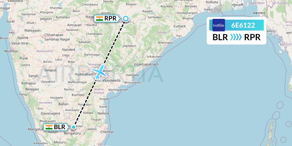 6E6122 IndiGo Airlines Flight Map: Bangalore to Raipur