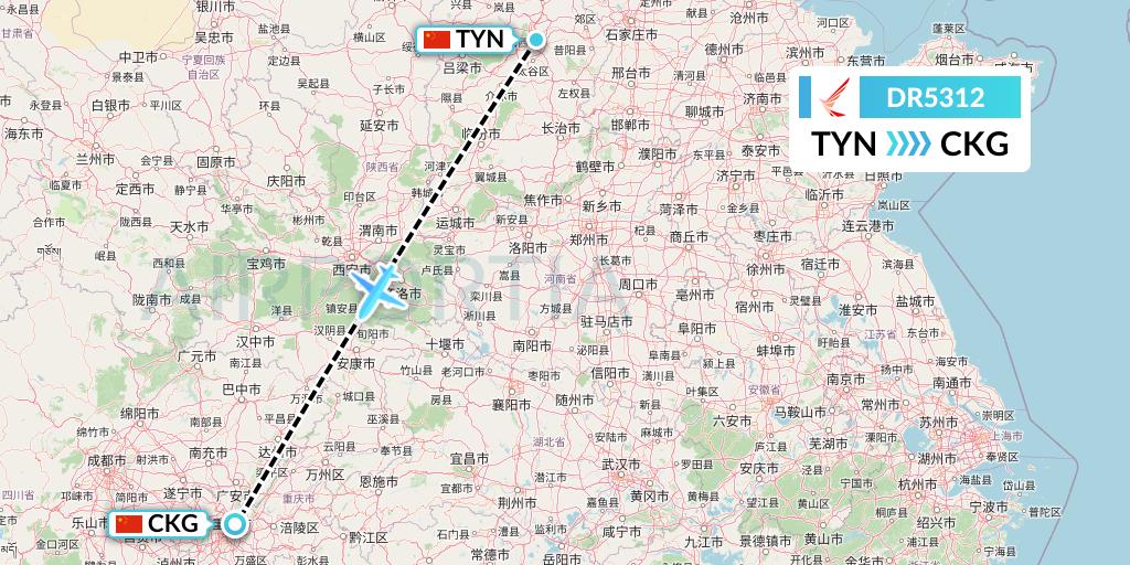 DR5312 Ruili Airlines Flight Map: Taiyuan to Chongqing
