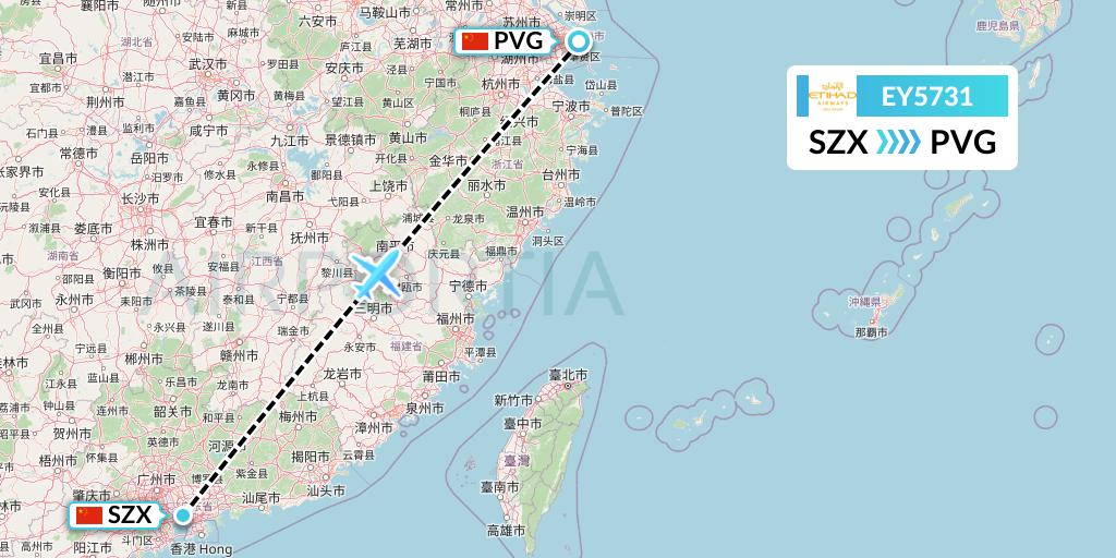 EY5731 Etihad Airways Flight Map: Shenzhen to Shanghai