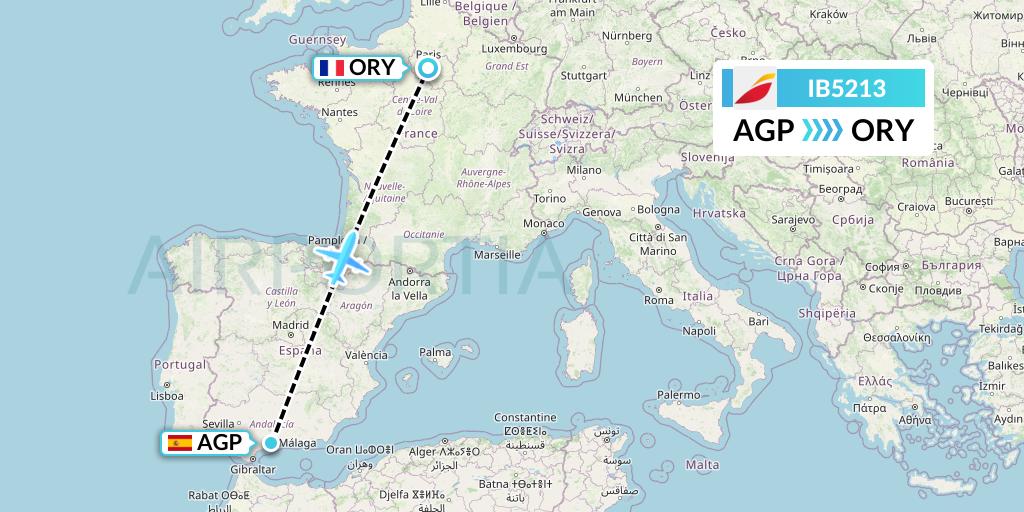 IB5213 Iberia Flight Map: Malaga to Paris